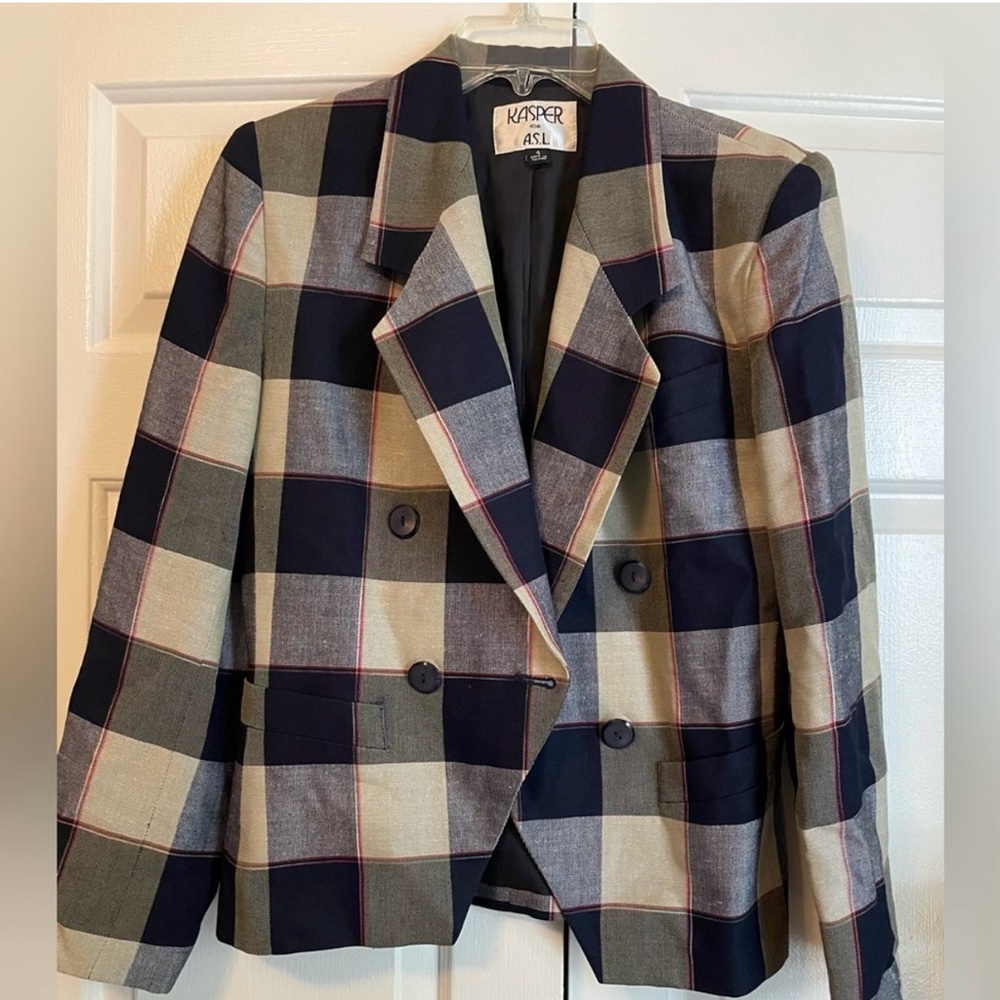Vintage Kasper Double Breasted Navy Plaid Blazer Tailored Equestrian Academia